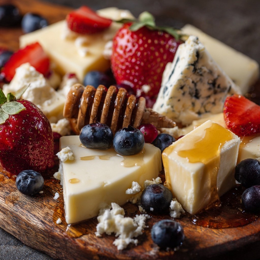Käseplatte mit Beeren und Honig