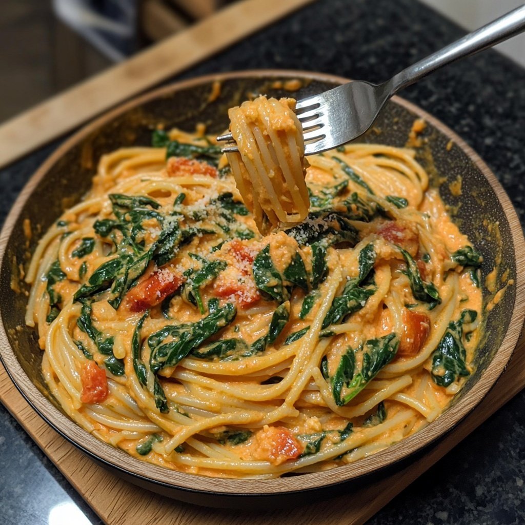 One-Pot Pasta mit Tomaten & Spinat