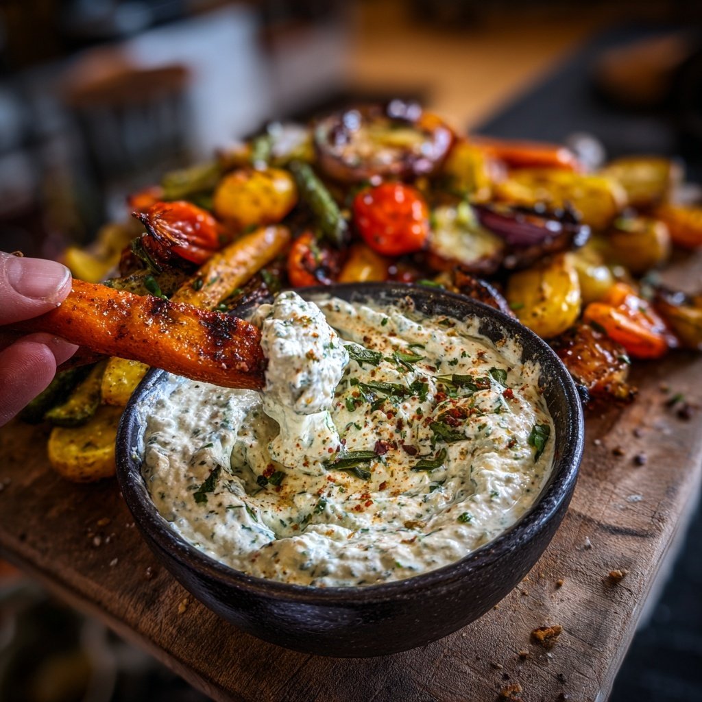Abendessen mit Ofengemüse und Kräuterquark